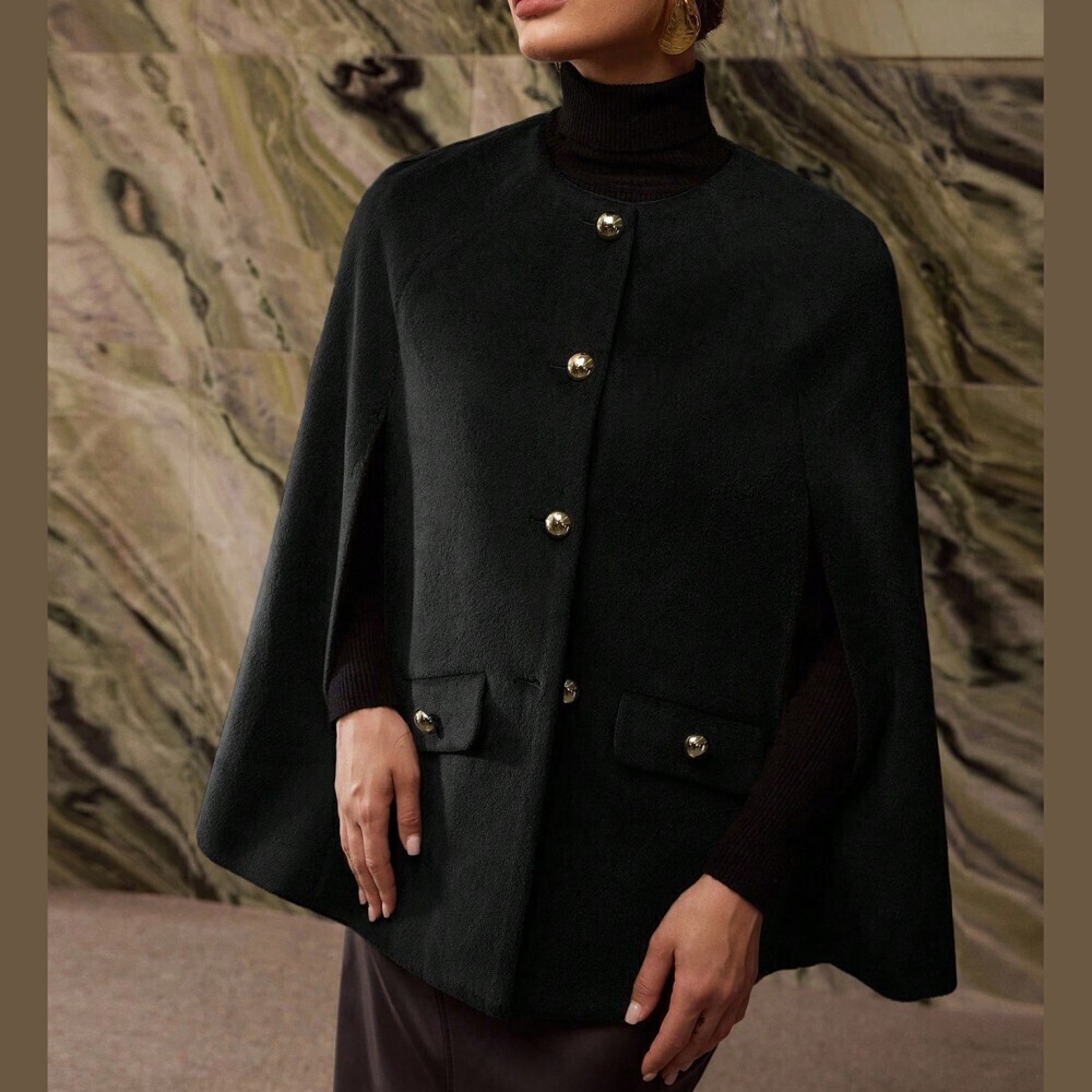 Black Fuzzy Collar Cape Coat with Gold Buttons - Picture 7 of 8